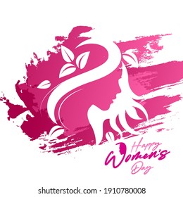 Happy Women's Day holiday illustration. Creative face with leaves and hairs on brush background. Square format design ideal for web banner or greeting card. EPS10 vector.