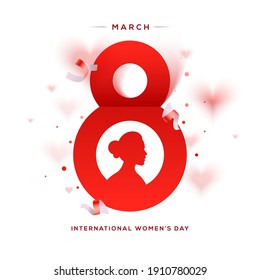Happy Women's Day holiday illustration. Paper cut eight red text with female face. Square format design ideal for web banner or greeting card. EPS10 vector.