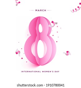 Happy Women's Day holiday illustration. Paper cutout pink eight and ribbons. square format design ideal for web banner or greeting card. EPS10 vector.