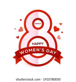 Happy Women's Day holiday illustration. Paper cut eight text with red ribbon and Happy Womens Day. Square format design ideal for web banner or greeting card. EPS10 vector.