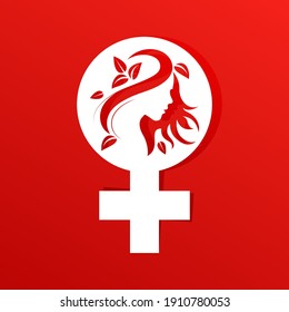 Happy Women's Day holiday illustration. Paper cut red face on white female symbol. Square format design ideal for web banner or greeting card. EPS10 vector.