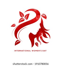 Happy Women's Day holiday illustration. Red water color famale face with leaves. Square format design ideal for web banner or greeting card. EPS10 vector.