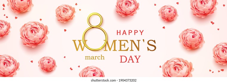 Happy Women's Day horizontal banner with calligraphy text and with pink peonies flowers background. Postcard on March 8. Vector illustration