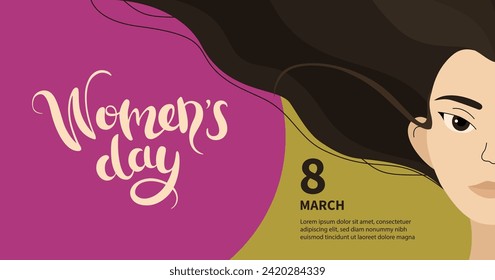 Happy Womens day horizontal banner. Women Asian races vector flat illustration. 8 March copy space banner. Beautiful diverse women girls faces in front view. Hand lettering.