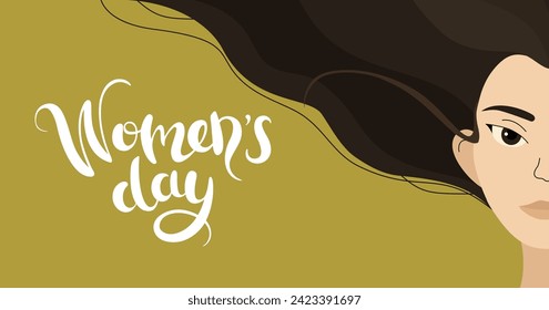 Happy Womens day horizontal banner. Women Asian races vector flat illustration. 8 March copy space banner. Beautiful diverse women girls faces in front view. Hand lettering.