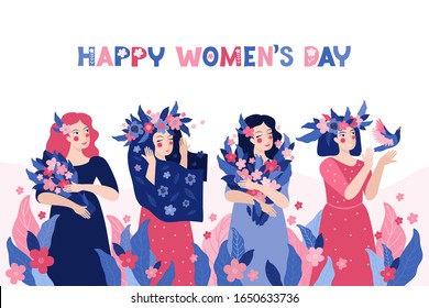 Happy women's day. Horizontal template for a spring banner, card, poster. Beautiful women with a flower wreath and a bouquet. Vector illustration with an inscription. Group of pretty girls in nature
