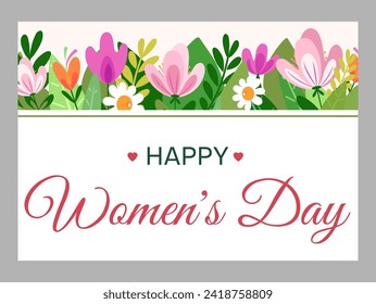 Happy Women's Day. Illustration of bright stylized spring flowers and green leaves on a white background. Flat style for banner, Happy Mother's Day or Valentine's Day, invitation. Vector illustration