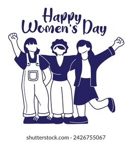 Feliz Día de la Mujer. Ilustración de chicas emocionadas. Las chicas fuertes y valientes se apoyan unas a otras. Hermandad y amistad femenina. Vector femenino