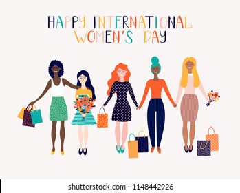 Happy women's day illustration. Greeting card with women