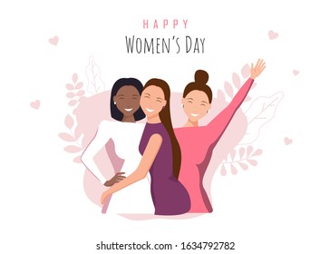Happy womens day illustration. March 8, International Women's Day. Happy girls hugging. African american woman. Love between the girls. 8 march, womans day. Vector illustration