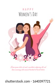 Happy womens day illustration. March 8, International Women's Day. Happy girls hugging. African american woman. Love between the girls. 8 march, womans day. Vector illustration