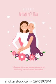 Happy womens day illustration. March 8, International Women's Day. Happy girls hugging. Love between the girls. 8 march, womans day. Vector illustration