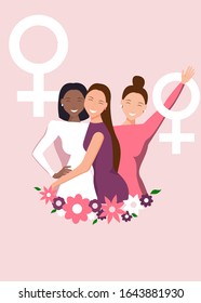 Happy womens day illustration. March 8, International Women's Day. 8 march, womans day, background, banners, flyer, womens day design. Happy girls hugging. African american woman. Love between the