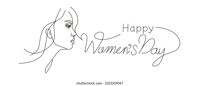 Happy women's day illustration. simple hand drawn lettering for international women's day. Minimal Calligraphy and beautiful woman's face illustration. Vector illustration.