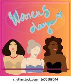 Happy womens day illustration vector postcard. March 8, International Women's Day.
Сute women for card, poster, flyer and other. Colored womens.