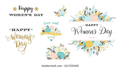 Happy Womens Day. Illustrations of flowers and inscriptions. Vector clipart. Elements for card, poster, flyer and other use