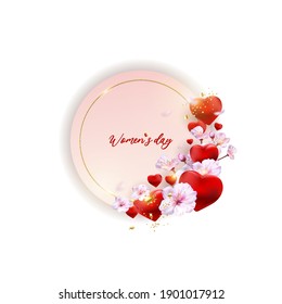 Happy Women's Day, an international holiday. Cherry blossoms and hearts with gold sequins. The design can be used for your postcards, invitations. Flowers, decors, and decorations.Vector March 8