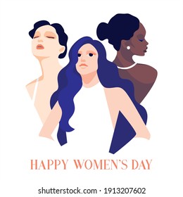 Happy Women's Day. International holiday. Strong and independent girls. Feminists. Women of all colors are beautiful. Vector illustration on an isolated background for cards, banners, prints, posters