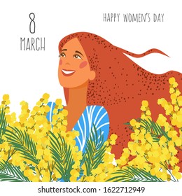 Happy womens day. Joyful face of a girl on a background of mimosa flowers. Flat cartoon hand draw vector illustration