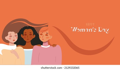 Happy Women's Day Landing Page Template. Webpage Design für den 8. März Frauentag mit diversen Frauen mit langen Haaren Konzept. Flache Vektorgrafiken, moderne Illustrationen. Banner für Schwesternschaft und Frauenfreundschaft