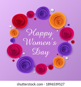 Happy women's day layout design with roses, frame, dotted background. Best cute feminine design for menu, flyer, card, invitation.