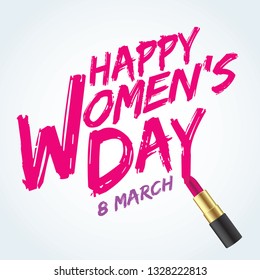 Happy Women's Day lettering or calligraphy with lipstick isolated on white background. 8 march vector illustration. 