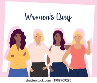 happy womens day lettering card with group of diversity girls vector illustration design