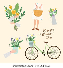 happy womens day lettering card with woman and bicycle vector illustration design