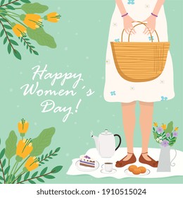 happy womens day lettering card with woman lifting bag with breakfast vector illustration design