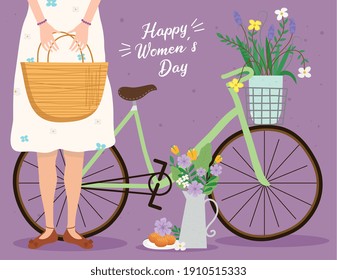 happy womens day lettering card with woman lifting basket and bicycle vector illustration design