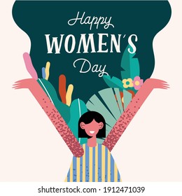 happy womens day lettering card with happy woman and flowers vector illustration design