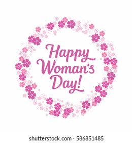 Happy Women's Day lettering with flowers. International Women's Day. Template greeting card, poster.