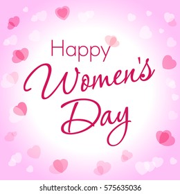 Happy Women's Day lettering greeting on light pink hearts background. Happy Women's Day lettering greeting card