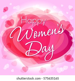 Happy Women's Day lettering greeting on pink hearts background. Happy Women's Day lettering greeting card