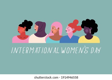 happy womens day lettering with group of five ladies characters vector illustration design