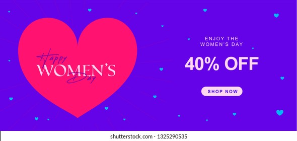 Happy Women's Day lettering inside a heart. Promotion 40 off store banner.