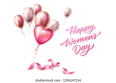 Happy womens day lettering on elegant silk ribbons with heart balloons for international women day 8 of march holiday . holiday greeting card, invitation banner decoration, vector illustration