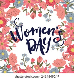 Happy womens Day lettering on pink background. Handmade calligraphy vector illustration. women's day card with flowers