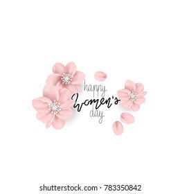 Happy Women's Day. Lettering and plum blossoms. Object isolated on white background. 