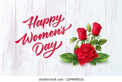 Happy womens day lettering in realistic rose flowers bouquet. Elegant international women day holiday decoration. Vector invitation, greeting card design. Beautiful vintage floral for poster