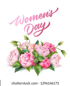 Happy womens day lettering in realistic peony flowers bouquet. Elegant international women day holiday decoration. Vector invitation, greeting card design. Beautiful vintage floral for poster