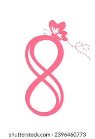 Símbolo del logo del Día de la Mujer Feliz con   8, número ocho y mariposa aisladas en el vector de fondo blanco.