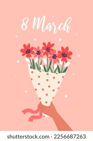 Happy Women's Day. Lovely funny greeting card with a bouquet of flowers in hand. Cute festive vector illustration for the celebration of March 8th.