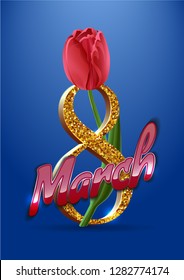 Happy women's day, March 8 greeting card. Text with tulip on blue background
