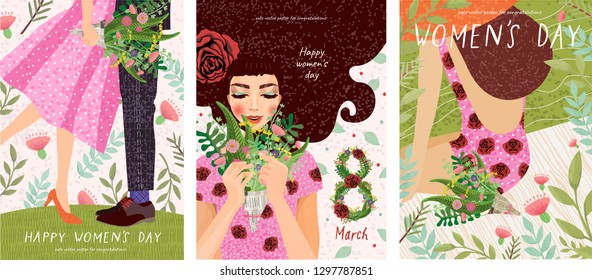 Happy Women's Day March 8! Cute cards and posters for the spring holiday. Vector illustration of a date, a woman and a bouquet of flowers!
 

