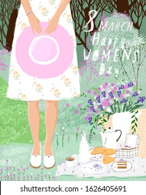 Happy Women's Day March 8! Cute spring vector illustration of a woman with a hat on nature on a picnic with flowers. Drawing of a still life for a card, poster or background
 
