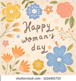 Happy Women's Day March 8! Cute spring vector illustration of flowers, floral pattern, plants and leaves. Picture frame for card, background or poster.
 
