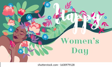 Happy Women's Day, March 8, International Women's Day, Wonderful Day, hello Spring, everything is blooming, flowers on her hair, beautiful dark-skinned girl, design banner, background, strong powerful