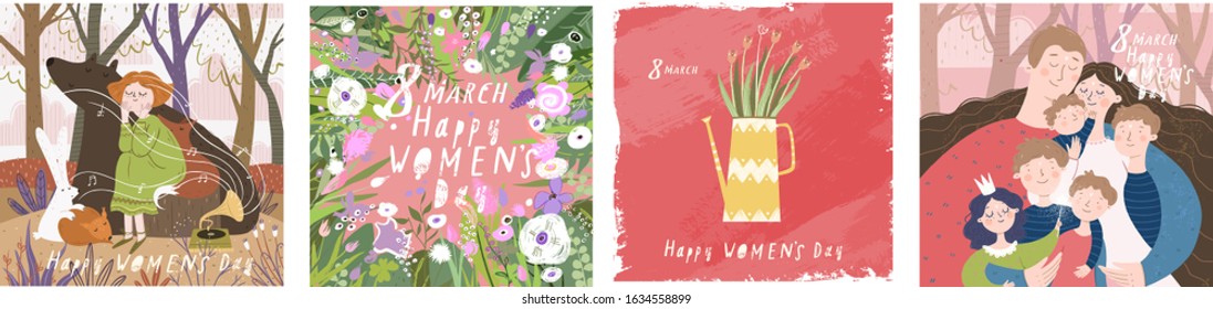 Happy Women's Day March 8! Cute vector illustrations: mother with family and children; flowers girl on nature with animals and floral background. Drawings for a card, poster or postcard.
 
