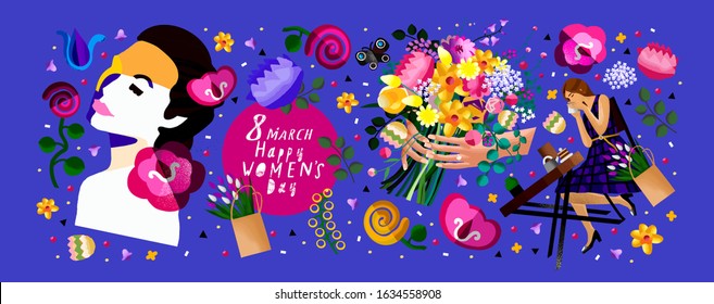 Happy Women's Day March 8! Vector bright illustration of flowers in hands, floral pattern, festive isolated objects and girl at a table with coffee. Drawings for poster, card or background.
